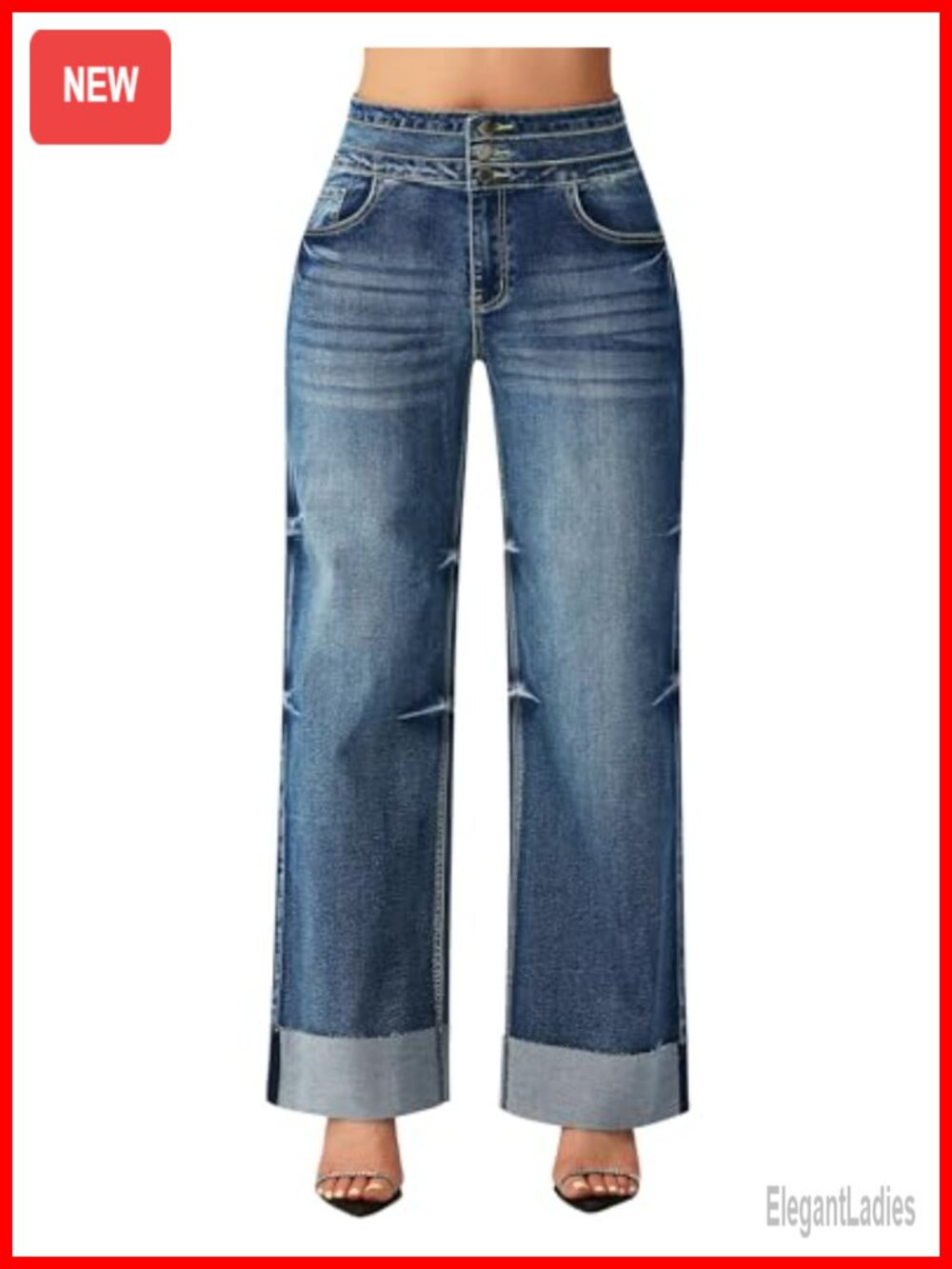 High Waisted Wide Leg Jeans - Stretchy Denim, Cuffed Hem